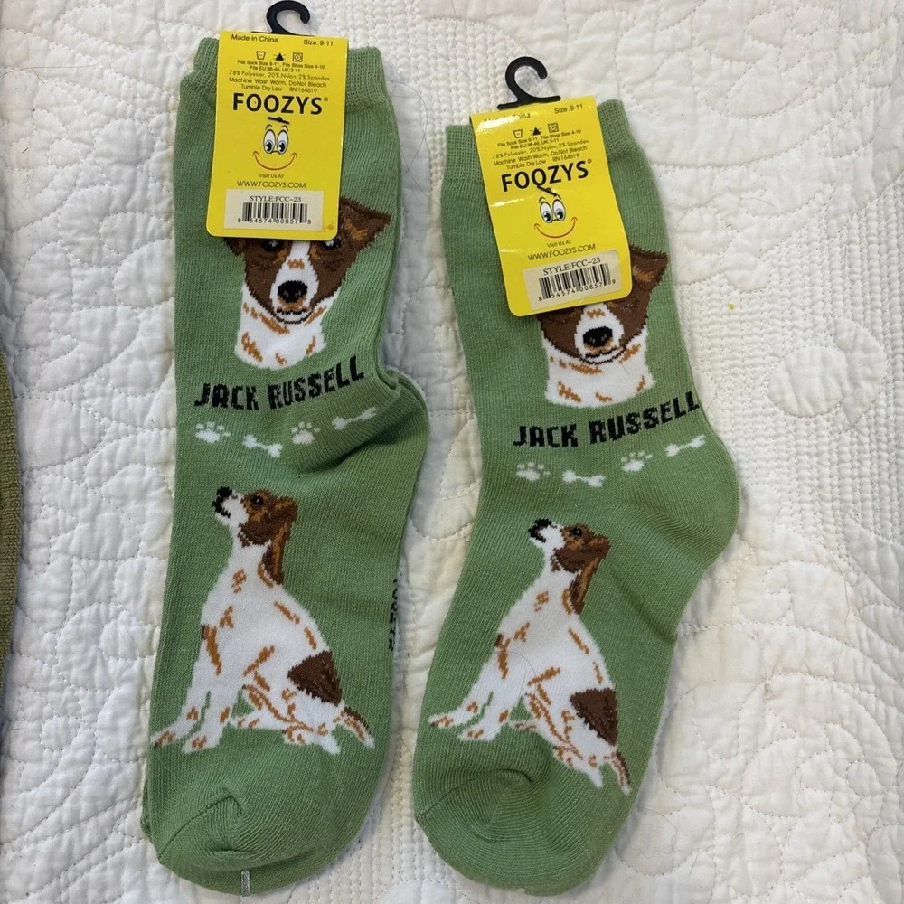 Foozy's Canine Collection‎ Jack Russell Socks SZ 9-11 Green PolyBlend  Lot of 2